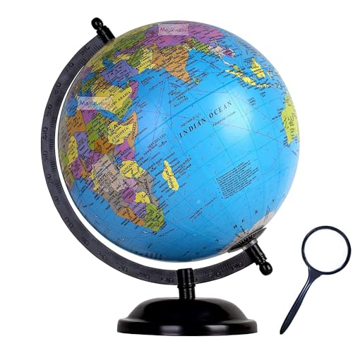 Image of Magicwand【10 Inches ht Black with Magnifier】Political Educational Laminated Rotating World Globe with Metal Base