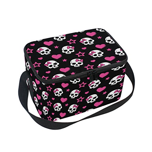 Alaza Pink Skull Love Heart Insulated Lunch Bag Box Cooler Bag Reusable Tote Bag Outdoor Travel Picnic Bag With Shoulder Strap For Women Men Adults Kids #TOP24