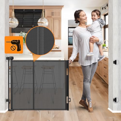 Reinforced No Drill Retractable Pet Gates for Doorways No Drilling Retractable Dog Gate with Support Rods to Prevent Crawling Underneath, 55” Wide Retractable Baby Gate No Drill Retractable Mesh Gates