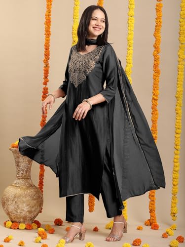 Image of GoSriKi Women's Rayon Viscose Embroidered Straight Kurta with Pant & Dupatta