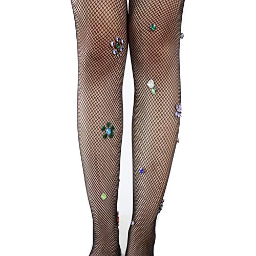 Image of Ulalaza Sparkle Hollow Out Letter Nude Colorful Rhinestone Hot Drilling Fishnet Pantyhose Tights for women Luminous