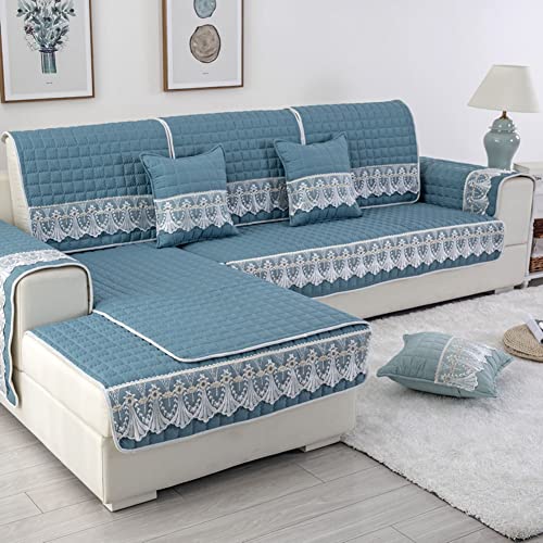 vctops Farmhouse Solid Color Sofa Slipcover Non Slip L Shape Sofa Cover Lace Trim Plaid Quilted Sectional Couch Cover Furniture Protector Cover for Pets Kids Children Dog Cat (Dark Green,28"x28")