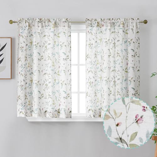 Image of Chyhomenyc Roman Linen Blend Curtains 45 Inch Length 2 Panels, Light Filtering Soft Airy Leaf Floral Printed Rod Pocket Textured Window Treatment Drapes for Living Room Bedroom, 38Wx45L Inch, 2 PCS