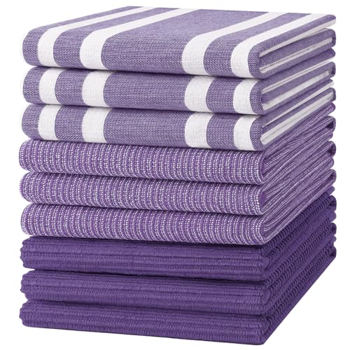 Image of Homaxy Premium Kitchen Towels(18 inchx 28 inch, 9 Pack), Large Cotton 380 GSM Kitchen Hand Towels, Soft and Absorbent Terry Dish Towels, Multipurpose Tea Towel Set with Hanging Loop, Purple