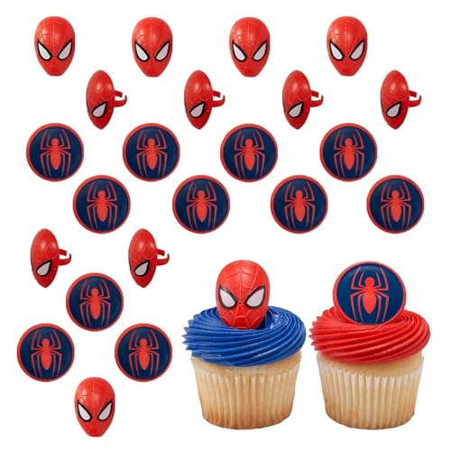DecoPac Marvel's Spider-Man™ Spider and Mask Rings, Spider-Man Cupcake Decorations, Red and Blue Food Safe Cake Toppers – 24 Pack