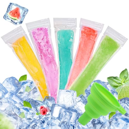 LOMIMOS 160PCS Disposable Ice Popsicle Mold Bags,BPA Free Freezer Tubes With Zip Lock Seal Funnel for Healthy Snack Yogurt Stick Juice Fruit Smoothies Ice Candy Pops Family Party(8.6"x2.3")