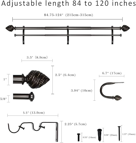 Miniatura 3 de Barra de cortina doble de 1 pulgada con remates Valois y retenes (84 a 120 pulgadas, oro bronce)