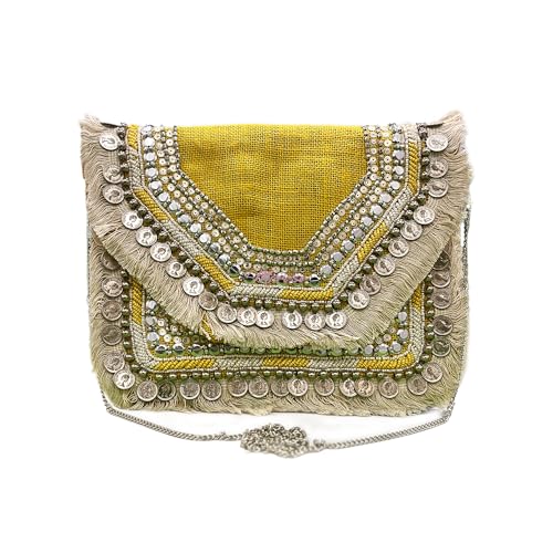 Maresse Women Ethnic Embellished Handmade Designer Boho Bag | Stylish Bohemian Crossbody Purse | Ideal for Festivals, Weddings and Casual Outings| Unique Fashion Accessory (Mustard Shine)