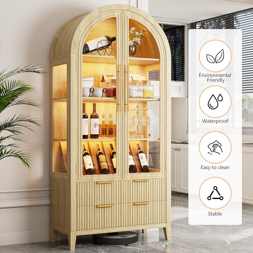 Image of LVSOMT 71 inch Arched Display Cabinet with Glass Doors and RGB Lights, Wood