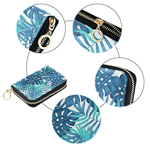 OTVEE Summer Hawaiian Blue Tropical Leaves Small RIFD Blocking Wallet Women PU Leather Credit Card Holder Case3
