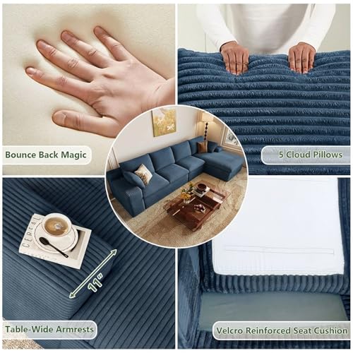 Image of 107 inch Cloud Couch Modular Sectional Sofa for Living Room, L-Shape Boneless Couch with Deep Seat, Modern Corduroy 3-Seater, No Assembly Required (Blue,Left-Facing Chaise)