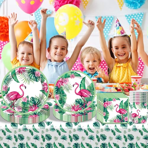 YeahBoom 50 Stück Flamingo Partygeschirr Set,Partygeschirr Hawaii,Geburtstagsdeko Mädchen Flamingo,Pappteller Kindergeburtstag mit Flamingo,Kindergeburtstag Mädchen Junge für 10 Gäste