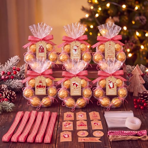 Marspark 6 Sets Christmas Gift Wrap Kit Cellophane Sheets Bow Ribbons