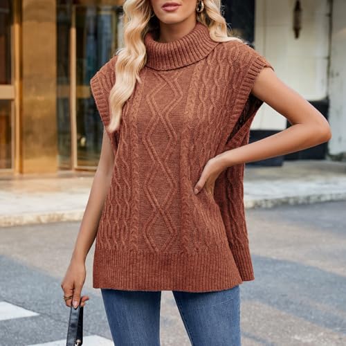Image of Blostirno Women's Turtleneck Sweater Vest Sleeveless Ribbed Solid Knitted Pullover Sweaters Tops