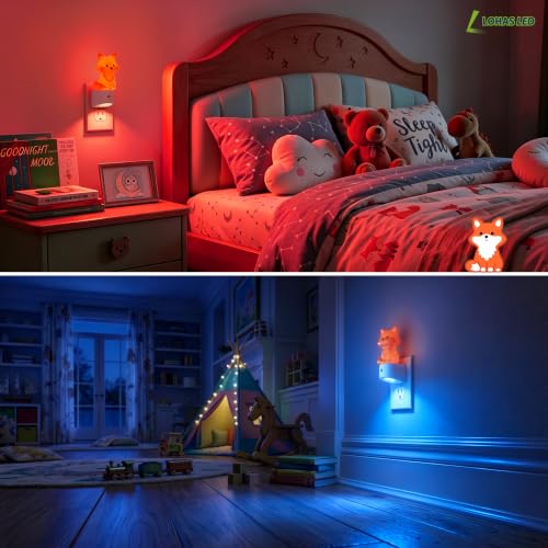 Image of L LOHAS LED Night Light for Kids,Kids Night Light,Dusk to Dawn Sensor | 3D Cute Brown Fox Night Lights,RGB+Soft White 3000K,Birthday Gift Nightlight for Kids, Room Decor 2 Pack