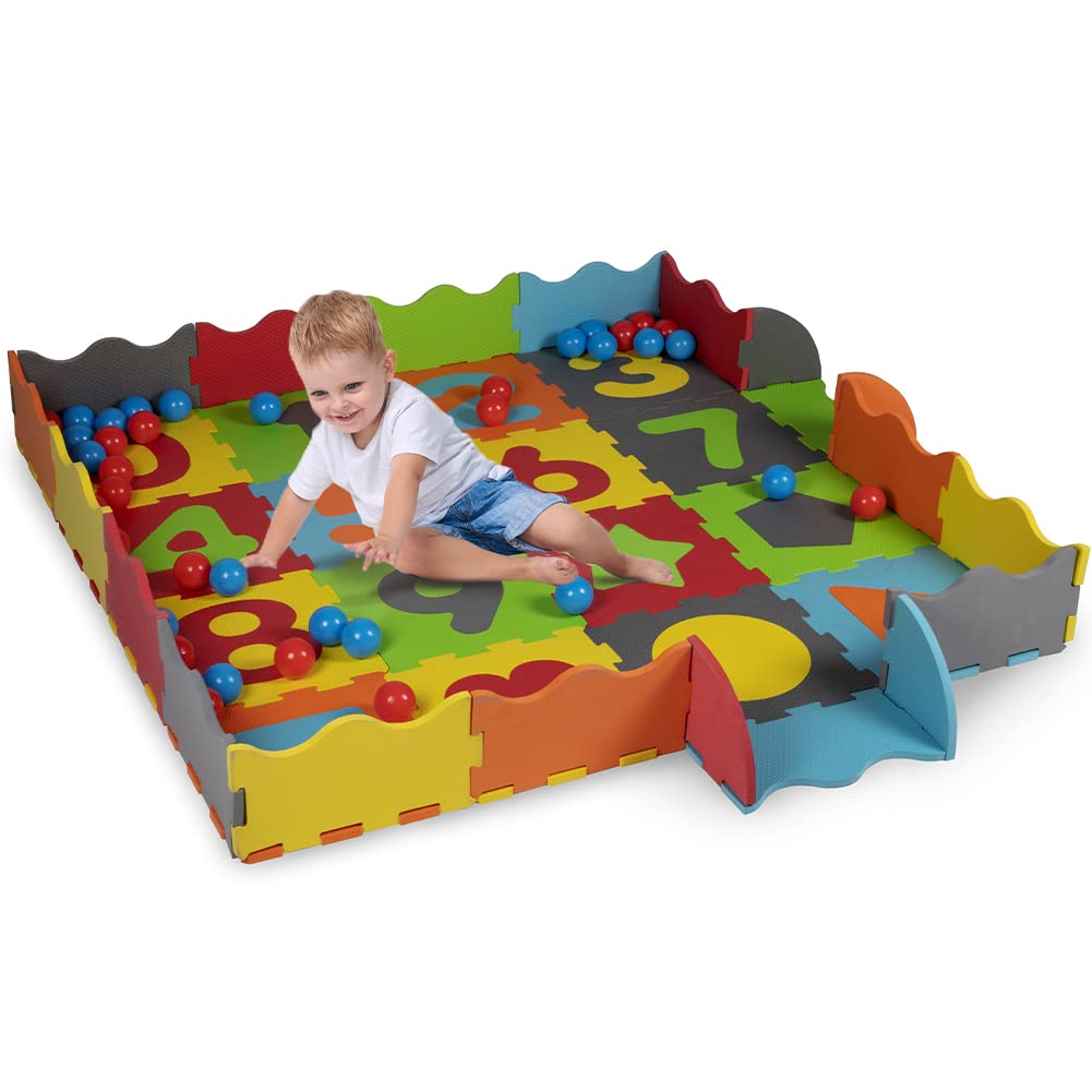 BAKAJI Tappeto Puzzle per Bambini 3 in 1, Tappetino in Gommapiuma per Neonati con 40 Palline da 6 cm e Custodia Salvaspazio, Dimensioni 146 x 146 cm, Morbido, Anticaduta, Antiscivolo, Gioco Educativo