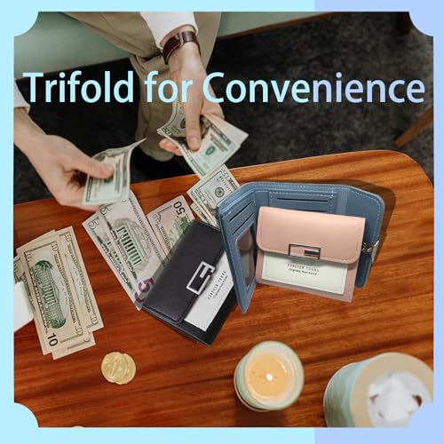 Trifold Wallets for Women, Snap-Button Women's Wallet Card Holder Ladies Wallets Leather Wallets For Women with 6 Card Slots, ID Window& Cash Compartment (Blue)4
