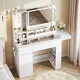 Dripex Coiffeuse avec éclairage et Prises, Vanity Desk avec Miroir et Plateau en Verre Transparent, Coiffeuse pour Chambre à Coucher, 115 cm Blanche
