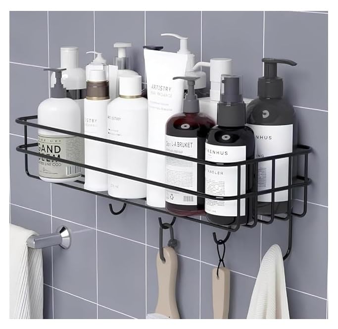 ME_Stainless Steel Metal Wall-Mounted Shelf - Black Corner Shelf with Hooks for Kitchen or Bathroom (1 Shelf) 2