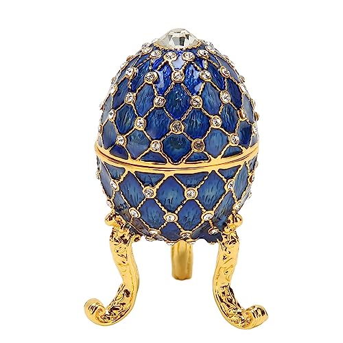 Lmrysalque Caja de baratijas en forma de huevo, soporte de anillo de joyería con bisagras de aleación de Zinc, cajas de figuras coleccionables con base de trípode dorado (Azul)