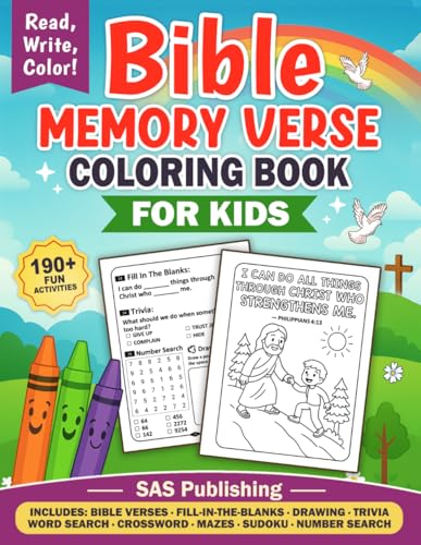Bible Memory Verse Coloring Book For Kids: 60+Coloring pages with 190+ Fun Bible Activities