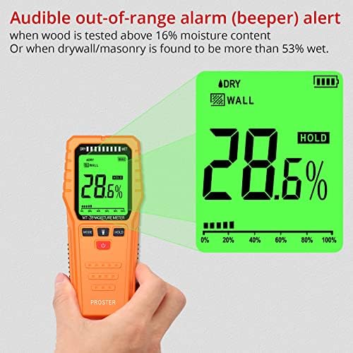 Proster Pinless Moisture Meters with Backlit LCD Screen Non-Invasive Moisture Meter Detects up to 3/4-Inch Below Surface for Non-Destructive Moisture Detection Wallboard Masonry Hardwood and Softwood