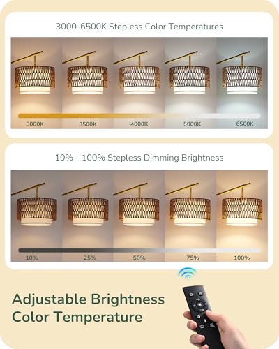 Image of EDISHINE Rattan Arc Floor Lamp, Gold Farmhouse Standing Lamps with Remote