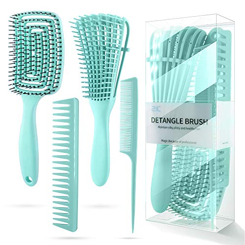 21°C 4 Pieces Detangling Brush and Hair Comb Set Knots Detangler Easy to Clean for Kinky Wavy Curly Coily Wet Dry Oil Thick Long Natural Hair(Green)