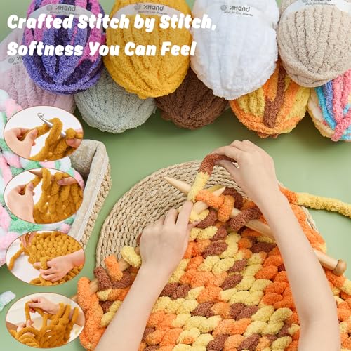 Image of Inhand Chunky Chenille Yarn for Hand Knitting, Thick Bulky Blanket Yarn for Crocheting, Soft Fluffy Yarn for Crochet Gifts & Crafts for Women /Beginners, 8 Pack (29.5 yds /8.4 oz Each), Orange & Yellow