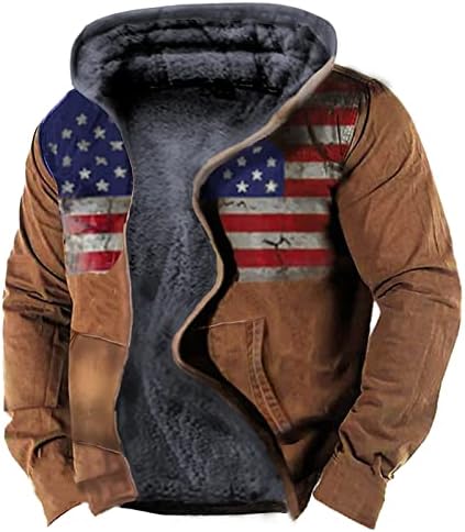 tobchonp Mens Coats Outdoor Warm Jacket Winter American Flag Print Fleece Lapel Zip Jacket Winter Coats for Men