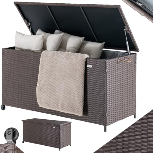 BAKAJI Coffre de rangement de jardin en polyrotin 420 litres, boîte d'extérieur imperméable résistante aux rayons UV, coffre XXL avec roues pour transport et poignée, 121 x 55 x 60 cm (marron)