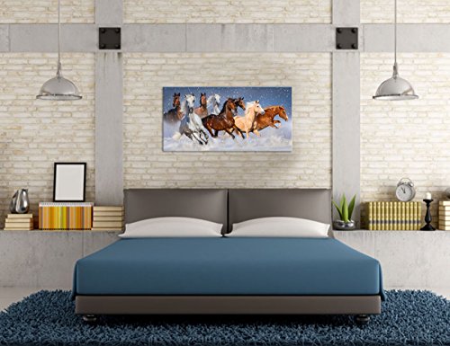 Large Modern Wall Painting White And Brown Running Horses In The Snow Wild Animals Prints On Canvas Framed Animal Painting For Living Room Ready To Hang 24"X48” #TOP1