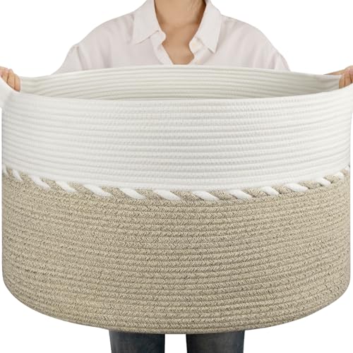 OIAHOMY 90L Extra Large Blanket Basket - Decorative Cotton Rope Storage Basket for Bedroom, Living Room & Nursery - Woven Laundry Hamper for Organizing Blankets, Clothes & Toys - Light Brown & White