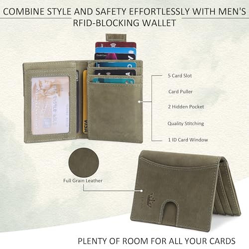 Bbelleco Genuine Leather Slim Wallet | RFID Blocking Skinny Minimal Thin Front Pocket Wallet Sleeve Card Holder for Men | 9 Card Slots, 1 ID Window, Card Puller, 2 Hidden Pocket (Parrot Green)3