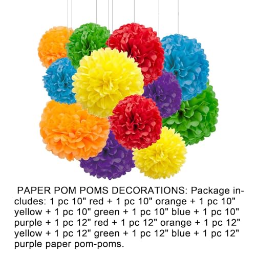 Image of 12pcs Rainbow Paper Pom Poms Decorations for Party Ceiling Wall Hanging Tissue Flowers Decorations - 6 Colors of 12 Inch, 10 Inch