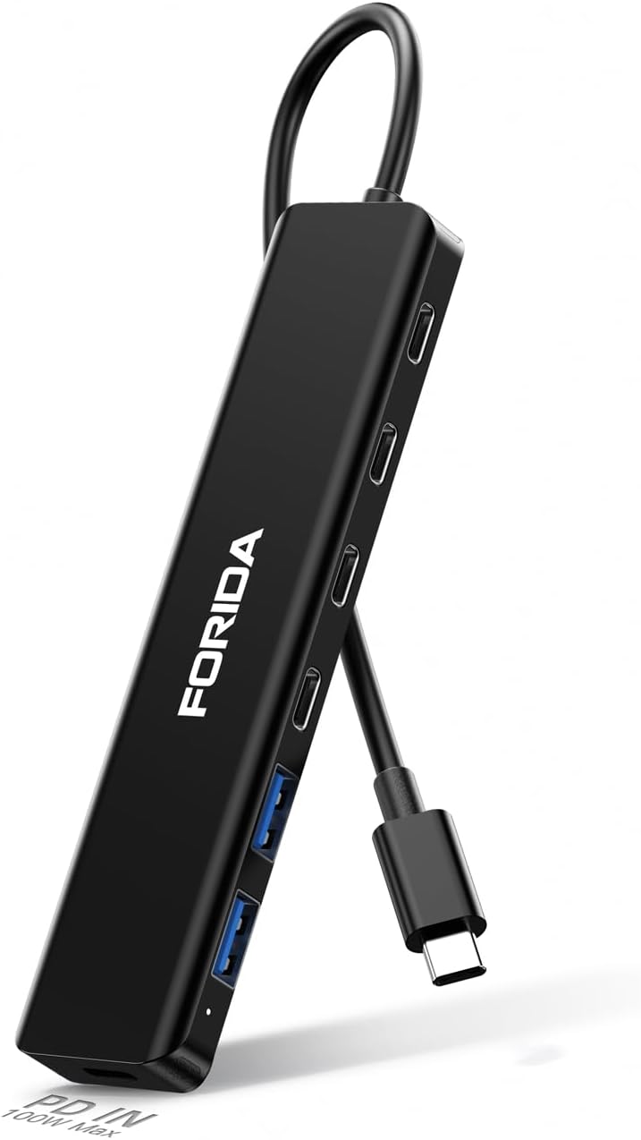 7-Port USB C Hub 10Gbps, 4-Port USB 3.2 Multiport Data Adapter for Laptop, Type-C Pass-Through Charging Port, 2 USB 2.0, USB- C Extender Compatible with MacBook, Surface Pro, XPS and More (Black)