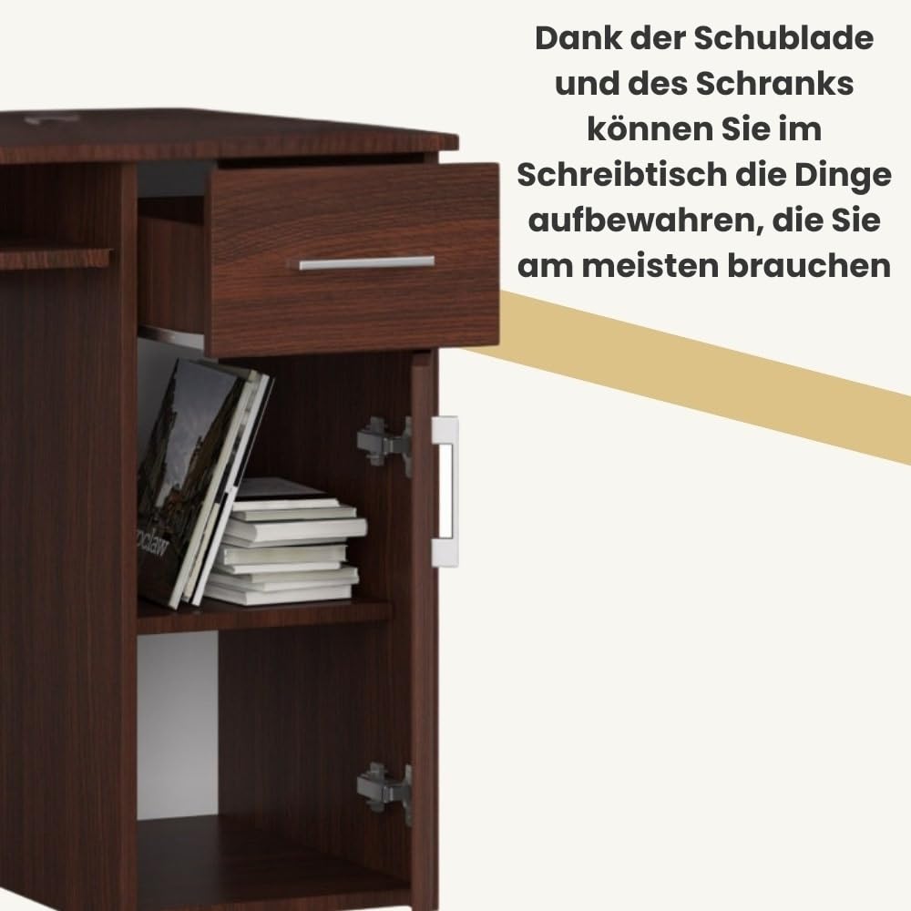 AKORD PC-Schreibtisch PIN mit Tastaturablage | Schreibtisch Klein mit Schubladen | Computertisch | Bürotisch 1 Schublade, 1 Ablagefach mit Tür, B90 x H74 x T50 cm, 29 kg | Wenge