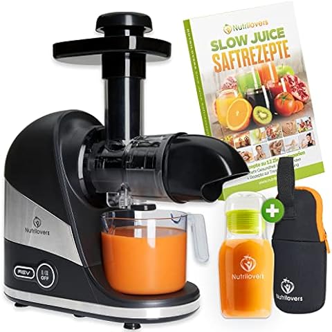 Nutrilovers Slow Juicer MINI-PRESS kompakt für Singles & Kleine Küchen DEUTSCHE MARKE Inkl. Rezeptbuch + Nutri-App + Trinkflasche Obst Gemüse Entsafter elektrisch, BPA-Frei Cover
