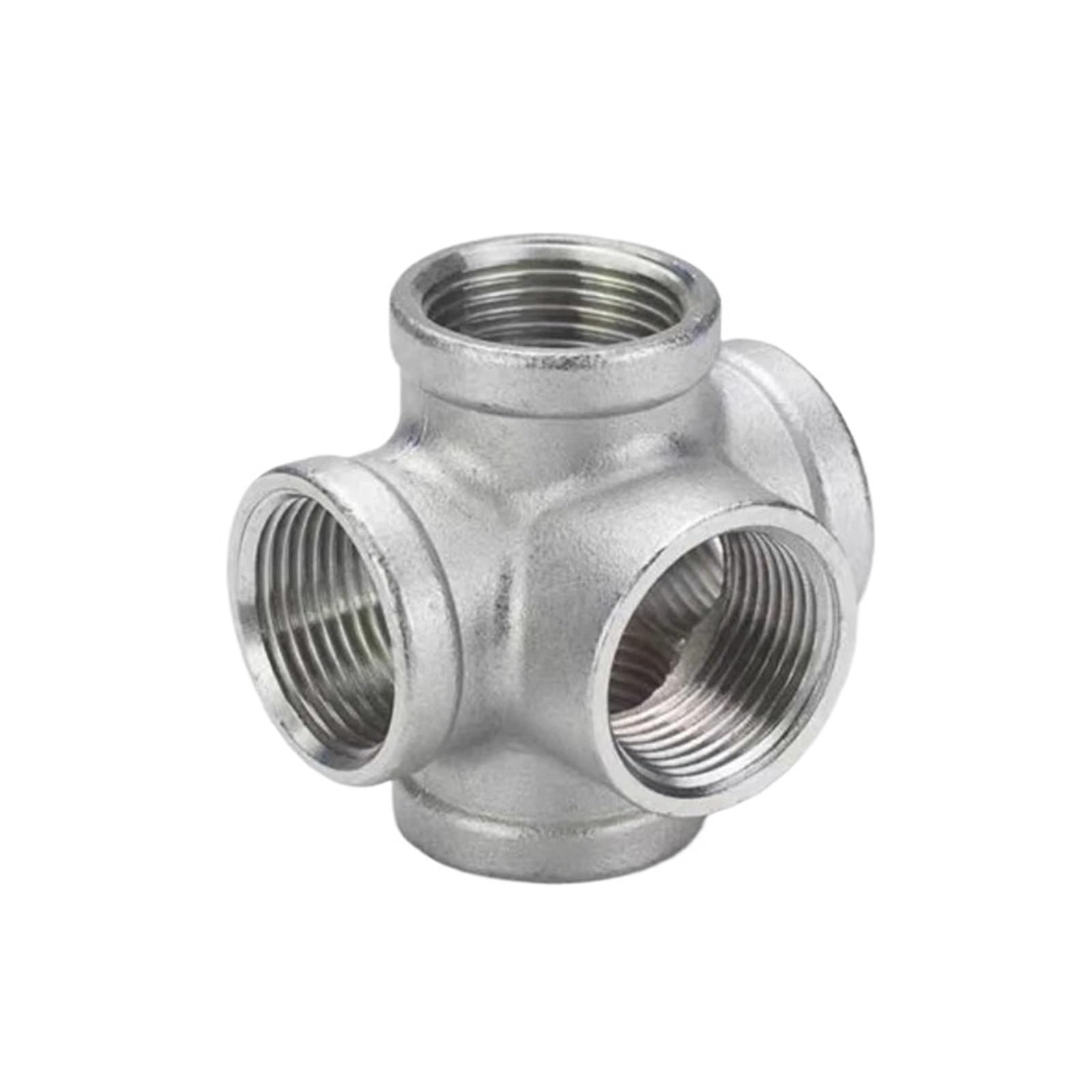 Conector en cruz de 4 vías con rosca hembra BSP SS304 en tamaños DN15 y DN20