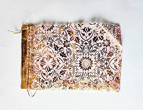 Image of Net Fabric Drawstring Pouch For Dry Fruits Packing, Organza Shagun Potli, Beautiful Design Printed Potli Bags For Return Gifts, Jewellery Pouches (Pack Of 25, 16 Cm X 13 Cm, Gold)