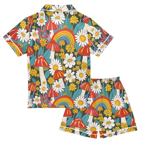 ALAZA Flower Mushroom Rainbow Satin Pajamas Set Short Sleeve Button Down Sleepwear Summer Pjs 2 Piece2