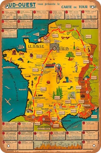 1955 Tour de France Map Bicycle Tin Sign 8x12 Wall Decor