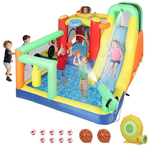 AIYAPLAY Castillo Hinchable Acuático con Soplador 550W 9 en 1 Castillo Hinchable Niños con Tobogán Zona de Salto Escalada 2 Piscinas Canasta Columna de Boxeo Dardos Exterior Interior 330x290x185 cm