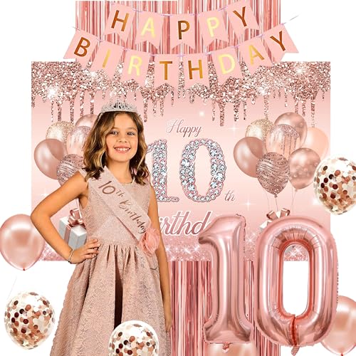 Image of 10th Birthday Decorations for Girls,Banner,Backdrop, it's my 10th Birthday Sash, Sweet Rhinestone Tiara Crown,Balloons
