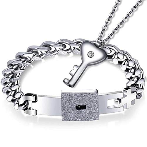 MEENAZ Valentine gifts CZ Silver Stainless Steel Silver lock and key Bracelet Necklace AD Chain Pendant Locket Combo Set for couple Men women Lovers pair girls Boys girlfriend-COUPLES BRACELETS-M110