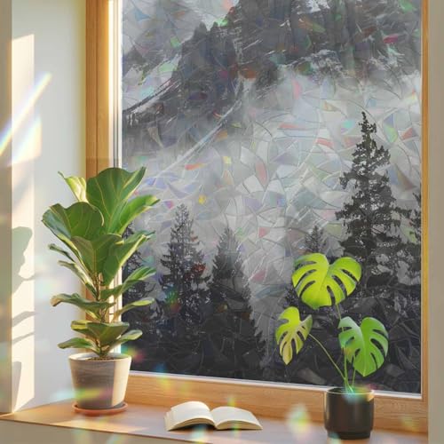 Mountains Forest Window Privacy Film, Nature Landscape 3D Stained Glass Window Film Fog Cloud Static Window Clings Rainbow Glass Stickers for Bathroom Bedroom Office 17.5×78.7