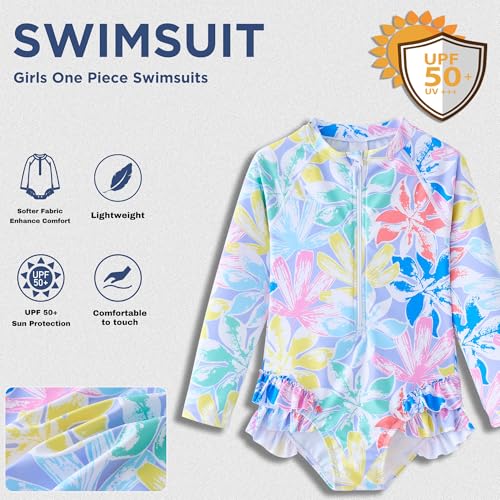 Image of UMELOK Girls Long Sleeve Rash Guard One Piece Swimsuits UPF 50+ Ruffle Zipper Bathing Suit 4-10 Years
