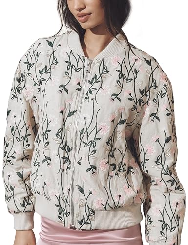 Shiyifa Women's Embroidered Daisy Cropped Bomber Jacket Long Sleeve Quilted Puffer Jackets Padded Coat Outerwear(White-M)