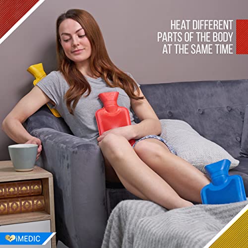 iMedic 3 Pack of Mini Hot Water Bottles - Hot Water Bag - Hot Water Bottle Cover Easily Applied - Hot Water Bottle UK - 3X750ml - One of Each Colour (Blue, Yellow and Red) - Image 3