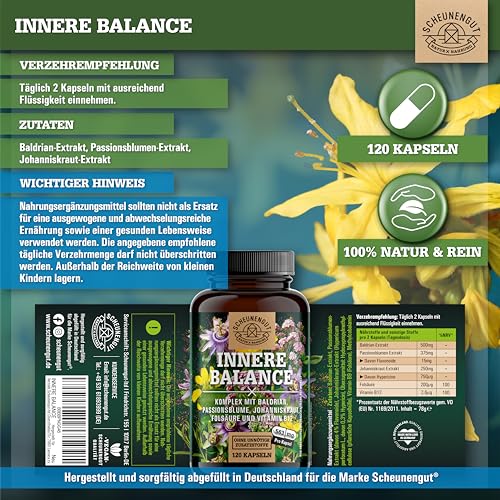 INNERE BALANCE® Passionsblume Johanniskraut Baldrian Hochdosiert -WICHTIG: Laborgeprüfter Markenkomplex mit Hypericin, Hyperforin, Folsäure +Vitamin B12 120 Kapseln DE SCHEUNENGUT®